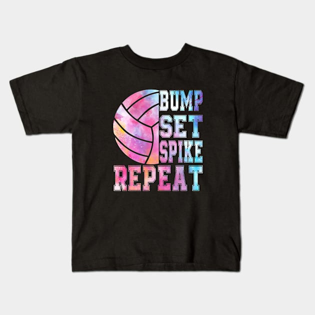 Colorful Teen Girls Volleyball Bump Set Spike Repeat Kids T-Shirt by Nicki-Merch